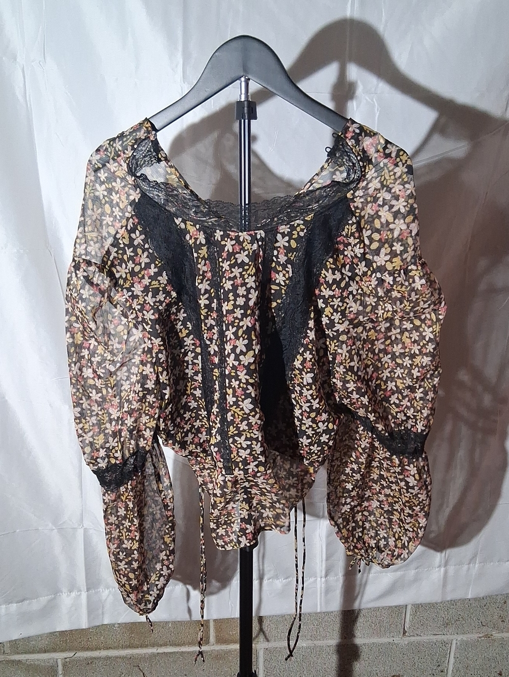 Topshop Black Sheer Floral Mesh Blouse with Lace Trim